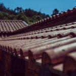 Close-up view of a traditional clay tile roof with a scenic green landscape in the background.