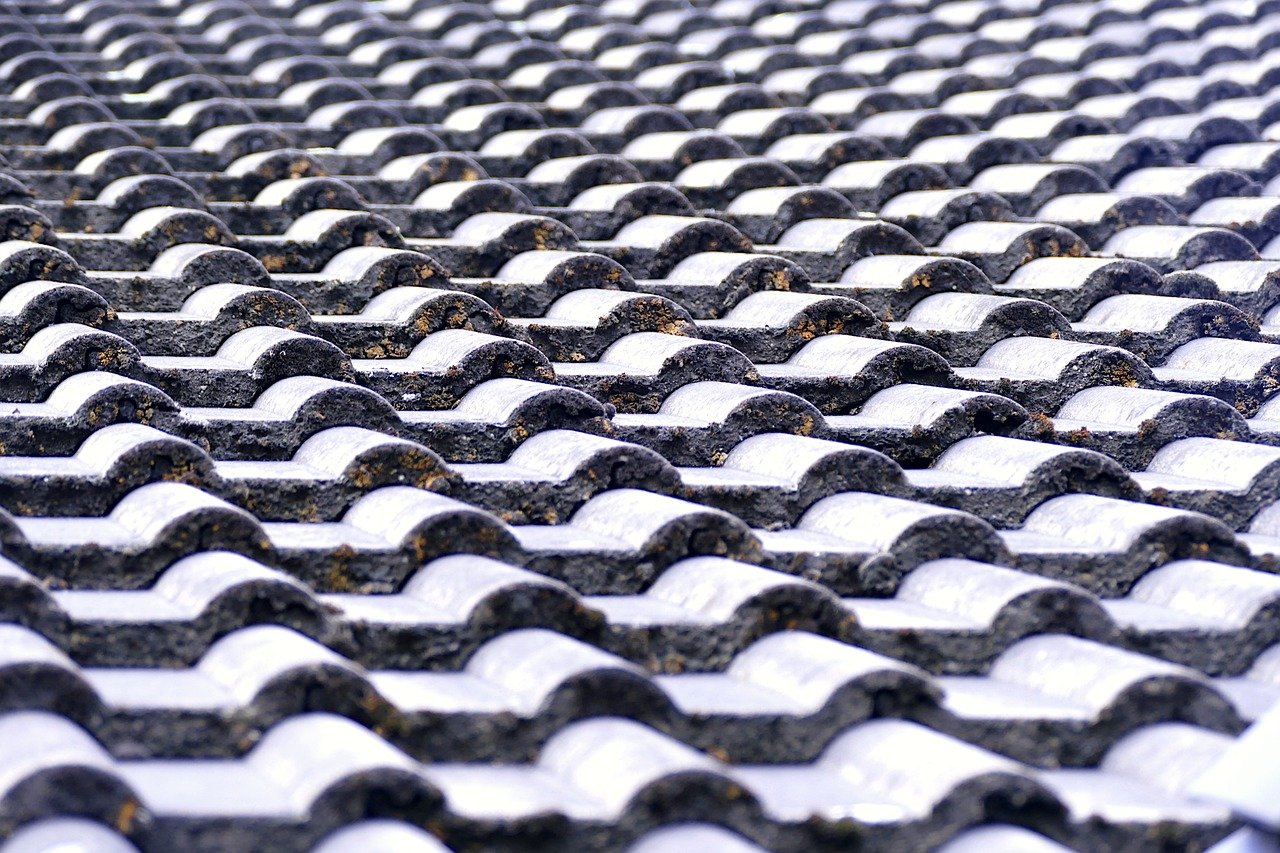 Close-up view of a textured roof with overlapping, curved black and white ceramic tiles, showing signs of weathering and dirt accumulation.